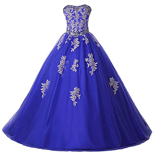 Xinaier Damen Trägerlos Lang Tüll Abendkleid Festkleider Elegante Spitze Ballkleid Brautkleider Blau Größe 42 von Xinaier
