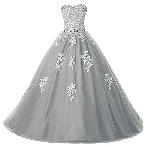 Xinaier Damen Trägerlos Lang Tüll Abendkleid Festkleider Elegante Spitze Ballkleid Brautkleider Grau Größe 48 von Xinaier
