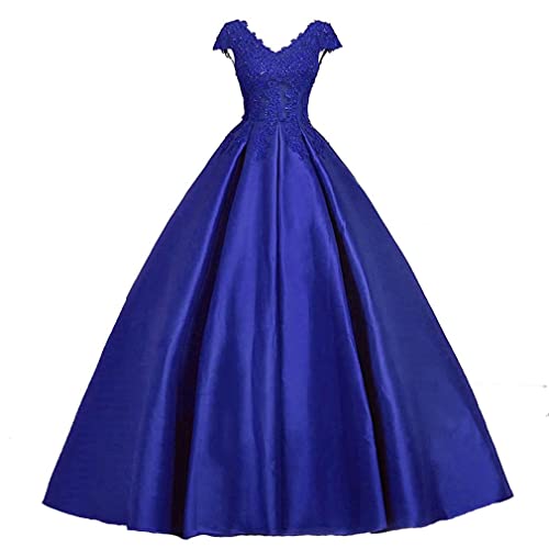Xinaier Damen V-Ausschnitt A-Linie Perlen Abendkleid Ballkleider Satin Festkleider Hochzeitskleider Blau Größe 42 von Xinaier