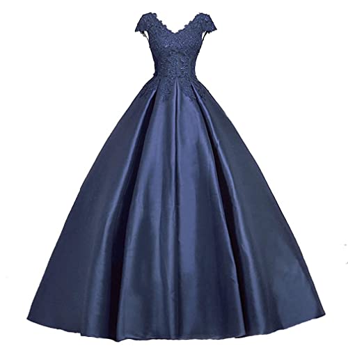 Xinaier Damen V-Ausschnitt A-Linie Perlen Abendkleid Ballkleider Satin Festkleider Hochzeitskleider Marineblau Größe 46 von Xinaier