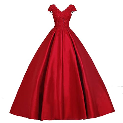 Xinaier Damen V-Ausschnitt A-Linie Perlen Abendkleid Ballkleider Satin Festkleider Hochzeitskleider Rot Größe 44 von Xinaier