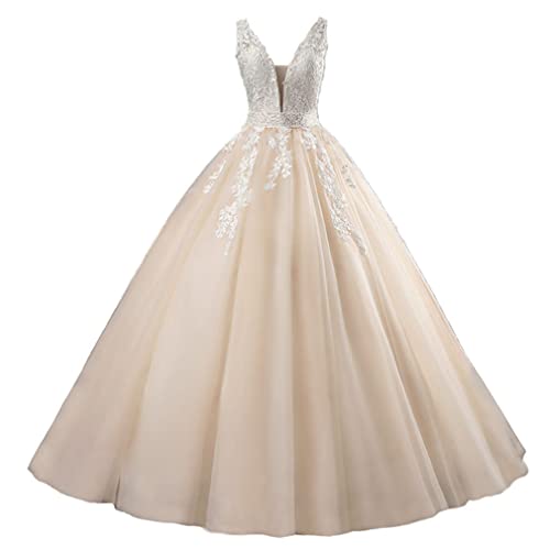 Xinaier Damen V-Ausschnitt Spitze Applique Ballkleid Abendkleid Perlen Quinceanera Kleider Lang Hochzeitskleider Champagner Größe 50 von Xinaier