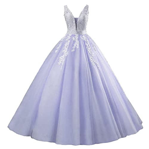 Xinaier Damen V-Ausschnitt Spitze Applique Ballkleid Abendkleid Perlen Quinceanera Kleider Lang Hochzeitskleider Lavendel Größe 40 von Xinaier