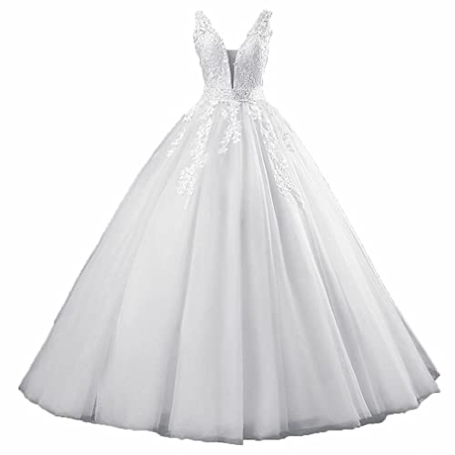 Xinaier Damen V-Ausschnitt Spitze Applique Ballkleid Abendkleid Perlen Quinceanera Kleider Lang Hochzeitskleider Weiß Größe 50 von Xinaier