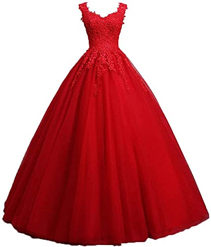 Xinaier Damen Vintage Perles Tüll Lange Abendkleid Abschlussballkleider Spitze Applique Ballkleid Hochzeitskleider Rot Größe 50 von Xinaier