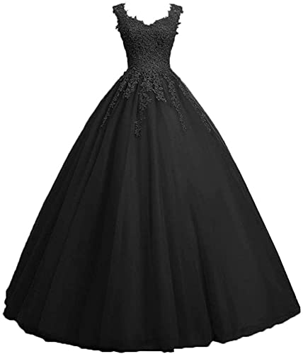 Xinaier Damen Vintage Perles Tüll Lange Abendkleid Abschlussballkleider Spitze Applique Ballkleid Hochzeitskleider Schwarz Größe 48 von Xinaier