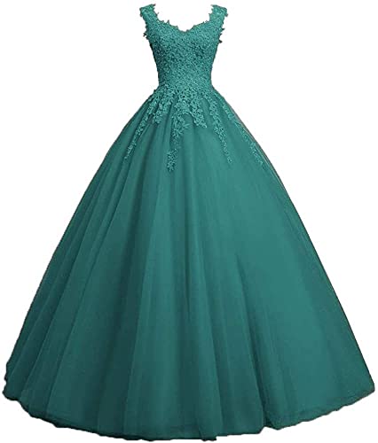 Xinaier Damen Vintage Perles Tüll Lange Abendkleid Abschlussballkleider Spitze Applique Ballkleid Hochzeitskleider Teal Größe 46 von Xinaier