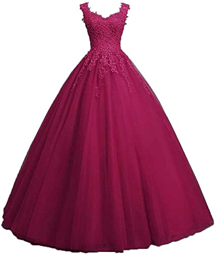 Xinaier Damen Vintage Perles Tüll Lange Abendkleid Abschlussballkleider Spitze Applique Ballkleid Hochzeitskleider Weinrot Größe 46 von Xinaier