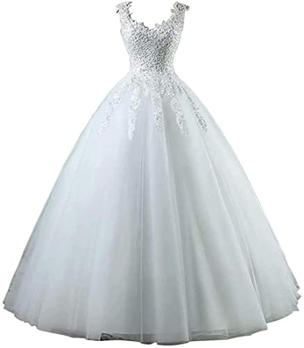 Xinaier Damen Vintage Perles Tüll Lange Abendkleid Abschlussballkleider Spitze Applique Ballkleid Hochzeitskleider Weiß Größe 48 von Xinaier