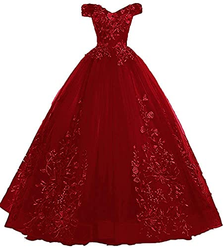 Xinaier Schulterfrei Abendkleider Tüll Prinzessin Lange Party Ballkleider Quinceanera Kleider Burgund Größe 38 von Xinaier