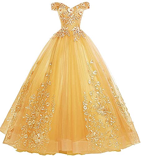 Xinaier Schulterfrei Abendkleider Tüll Prinzessin Lange Party Ballkleider Quinceanera Kleider Gold Größe 42 von Xinaier