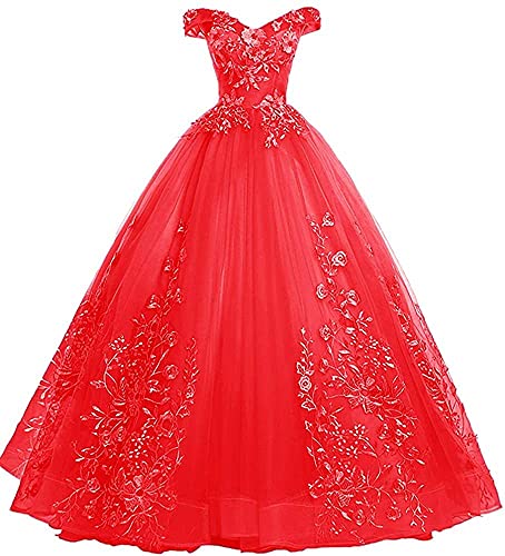 Xinaier Schulterfrei Abendkleider Tüll Prinzessin Lange Party Ballkleider Quinceanera Kleider Rot Größe 42 von Xinaier