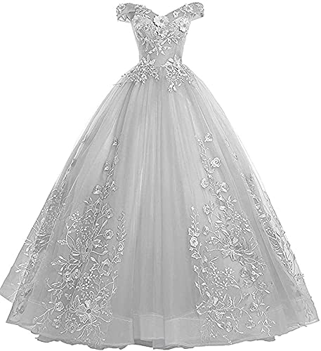 Xinaier Schulterfrei Abendkleider Tüll Prinzessin Lange Party Ballkleider Quinceanera Kleider Silber Größe 36 von Xinaier