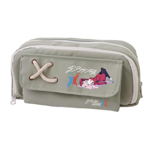 02/Zero Two Federmäppchen Anime 02, Federmäppchen, Segeltuch, Doppelreißverschluss, mehrere Fächer, großes Fassungsvermögen, Make-up-Organizer für Teenager, Mittelschule, Studenten, 21 x 11 cm, Grün von Xinchangda