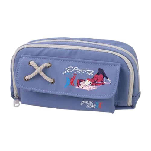 02/Zero Two Federmäppchen Anime 02, Federmäppchen, Segeltuch, Doppelreißverschluss, mehrere Fächer, großes Fassungsvermögen, Make-up-Organizer für Teenager, Mittelschule, Studenten, 21 x 11 cm, Blau von Xinchangda