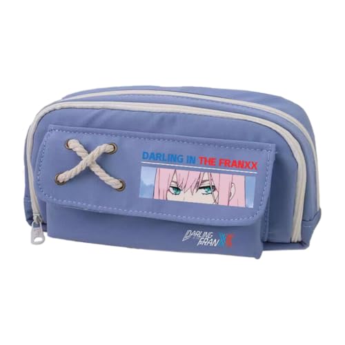 02/Zero Two Federmäppchen Anime 02, Federmäppchen, Segeltuch, Doppelreißverschluss, mehrere Fächer, großes Fassungsvermögen, Make-up-Organizer für Teenager, Mittelschule, Studenten, 21 x 11 cm, Blau von Xinchangda