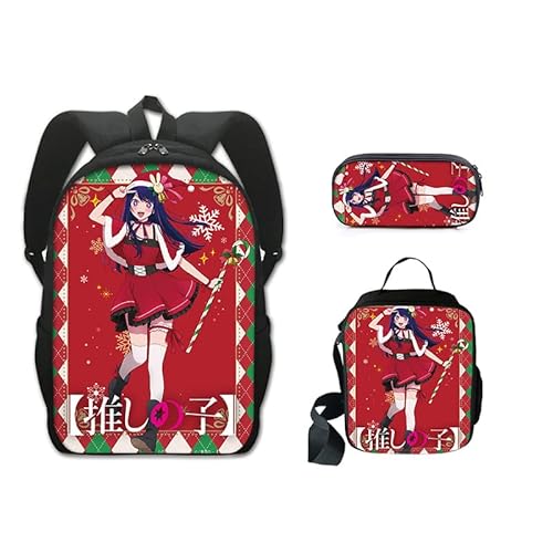 Anime Oshi no Ko Rucksack, 3-teiliges Set, Rucksack, Lunchtasche und Federmäppchen, Anime-Cartoon-Spiel, 3D-Druck, Rucksack, Schultasche, Büchertasche, Laptop-Tasche für Jungen und Mädchen, Typ 9, von Xinchangda