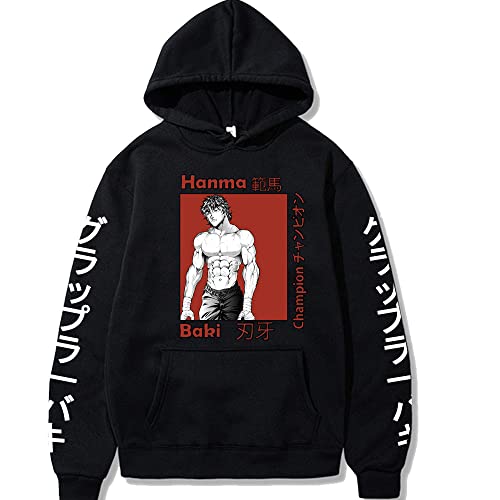 BAKI Anime Loose Casual Print Hoodie Hanma Baki 3D Digitaldruck Kapuzenpullover Casual Pullover für Männer Frauen Teenager Erwachsene, Schwarz , M von Xinchangda