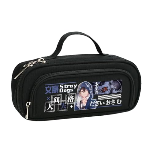 BSD Dazai Osamu Federmäppchen Anime Ranpo Edogawa Federmäppchen Schwarz Weiß Einfach Mode Doppelreißverschluss Große Kapazität Federmäppchen mit Griffschlaufe Make-up Schreibwaren Organizer Tasche für von Xinchangda