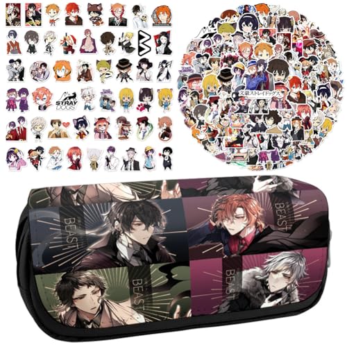 Xinchangda Bungo Stray Dogs Federmäppchen mit Anime-Aufklebern, Set Dazai Osamu/Nakahara Chuuya Schreibwarentasche, große Kapazität, Anime-Federmäppchen, Schulbedarf-Set für Mädchen und Jungen, Typ von Xinchangda