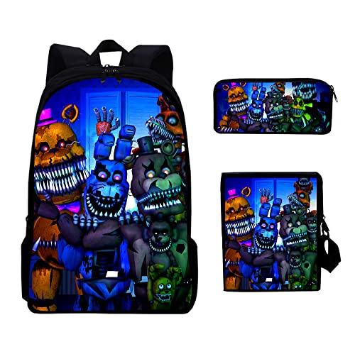 Xinchangda FNAF Rucksack Kinder Rucksack 3 Stück Set Anime Spiel Gedruckt Student Schultasche Große Kapazität Laptop Rucksack Umhängetasche Bleistifttasche, Typ6, 30x40x13cm von Xinchangda