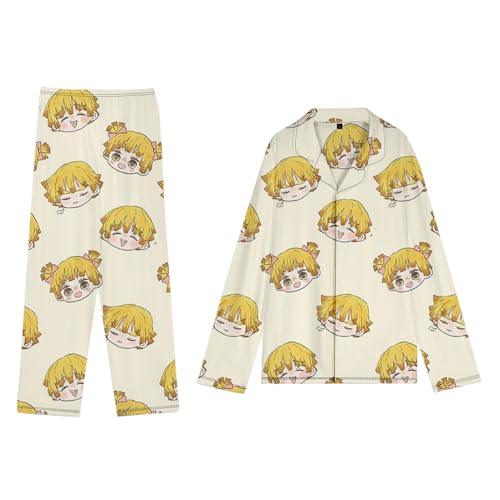 Xinchangda Kamado Nezuko Nachtwäsche Langarmshirts Hosen Kochou Shinobu Tokitou Muichirou Anime Pyjamas Homewear Cartoon Nachtwäsche Geschenke für Fans, Agatsuma Zen'itsu, XL von Xinchangda
