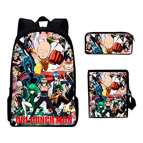 Xinchangda One Punch Man Rucksack-Set, Anime-Charaktere, 3D-Druck, Rucksack, 3-teilig, Schulranzen, Kuriertasche, Federmäppchen für Studenten, Jungen, Mädchen, Typ A von Xinchangda