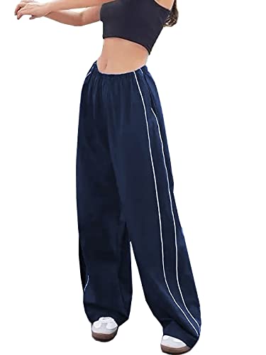 Trainingshose für Damen, Paspelierung, weites Bein, Y2K, elastische Taille, Jogginghose, Marineblau, M von Xineicy