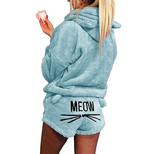 2 stücke Frauen Katze Pyjamas Nette Mädchen Meow Nachtwäsche Weichen Bademantel Shorts Winter Lounge Nachtwäsche Sets (Color : Sky Blue, Size : XL) von XingYue Direct