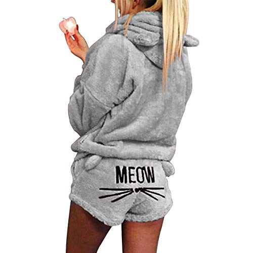 XingYue Direct 2 stücke Frauen Katze Pyjamas Nette Mädchen Meow Nachtwäsche Weichen Bademantel Shorts Winter Lounge Nachtwäsche Sets (Color : Gray, Size : M) von XingYue Direct