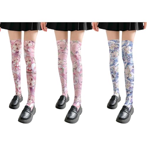 Xingbiyou 3 Paar Lolita Miku Overknee Strümpfe, 3D Digital Bedruckt, JK Stil von Xingbiyou
