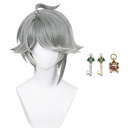 Xingbiyou Al Haitham Cosplay Perücke mit 3 Schlüsselanhänger,Kurze graue Halloween Party Perücken von Xingbiyou