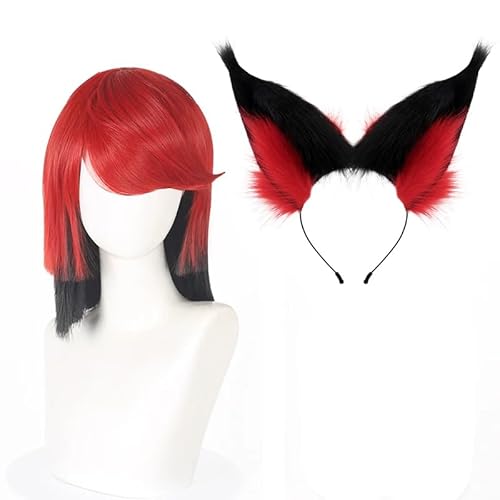 Xingbiyou Anime Hazbin Hotel Alastor Cosplay Perücke mit Ohr-Kopfbügel, Kurz Rot-Schwarz, für Damen und Herren von Xingbiyou
