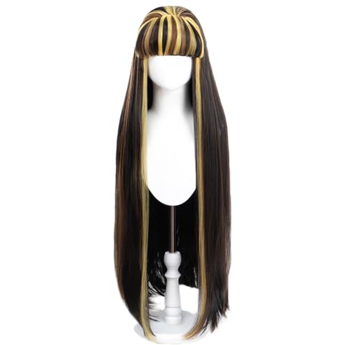 Xingbiyou Anime Monster High Cleo De Nile Cosplay Perücke,Lang Schwarz Gelb Braun Gemischt,Halloween Party Perücken für Frauen Mädchen von Xingbiyou