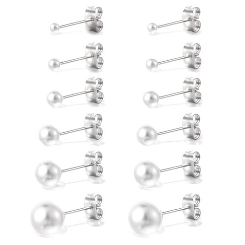 6 Paare Ohrringe Stecker Ohrstecker Set Perlen Ohrringe Perlenohrringe Stecker Weiße Perlenohrringe Kleine Perlenohrstecker Silber Ohrstecker Perle für Damen 4/5/6/7/8/10MM von Xinjoduz