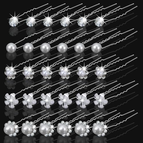 30 Stück Brautschmuck Haarschmuck Hochzeit Set Haare Braut Haarnadeln Damen Silber U-Förmig Haarklammer Perlen Blume Haarschmuck für Frauen Mädchen Bräute Brautjungfern von Xinjoduz