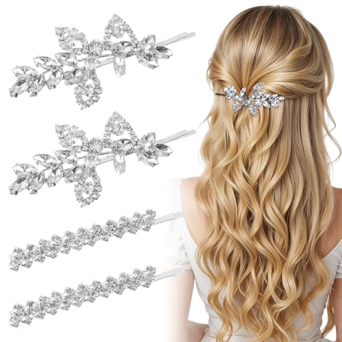 4 Stück Haarspangen Silber Glitzer, Braut-Haarspangen, Silber Haarklammer Hochzeit Haarspange Vintage Rhinestone Haarschmuck Damen mit Kristallblumen für Verlobung Verabredung Party Alltag Abendpartys von Xinjoduz