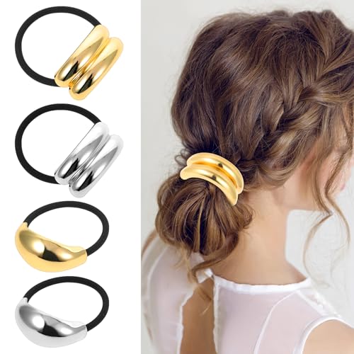 4 Stück Haarmanschetten Damen Haargummi Metall Silber Armband Pferdeschwanzhalter Haar-Accessoire Schwarz Elastisch Zopfgummi für Frauen und Mädchen Dickes Dünnes Lockiges (Gold Silber) von Xinjoduz