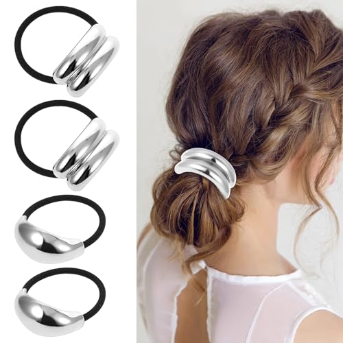 4 Stück Haarmanschetten aus Metall Haargummi Silber Armband Pferdeschwanzhalter Damen Haar-Accessoire Schwarz Elastisch Zopfgummi für Frauen und Mädchen Dickes Dünnes Lockiges von Xinjoduz