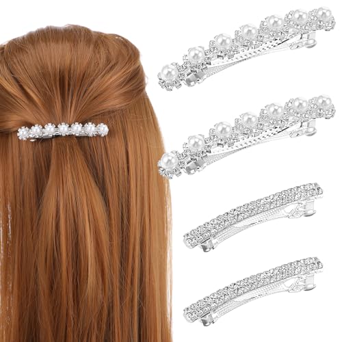 Xinjoduz 4 Stück Glitzernde Strass -Haarspangen Silber Haarspangen Damen Französische Haarspange Strass-Haarschmuck Vintage Kristall Haarklemmen Glitzer Snap Haarspange für Frauen Dünnes Dickes von Xinjoduz