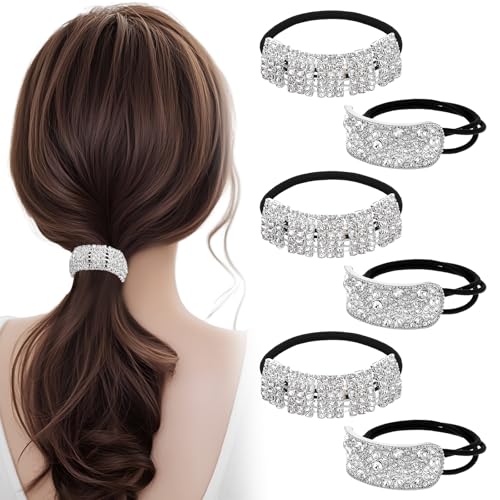 6 Stück Glitzernde Strass Haargummis Haarschmuck Elastische Haarbänder Glitter Pferdeschwanz Halter Silber Dünne Haargummi Dickes Haar Zopfgummi Für Frauen Mädchen von Xinjoduz