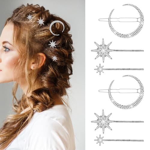 6 Stück Haarnadel Kristall Stern Mond Silber Haarnadeln Vintage Strass Bobby Pins Mond Haarschmuck Damen Mädchen Stern Haarspangen Vintage Set Einfache Elegante für Dickes Dünnes Haar von Xinjoduz
