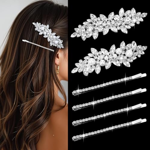 Brautschmuck 6 Stück Silber Haarklammer, Haarspangen Damen Strass Hochzeit Haarschmuck Haare Glänzende Haarspange Vintage Glitzer Haarnadeln mit Strasssteinen für Frauen Mädchen Bridal Brautjungfer von Xinjoduz