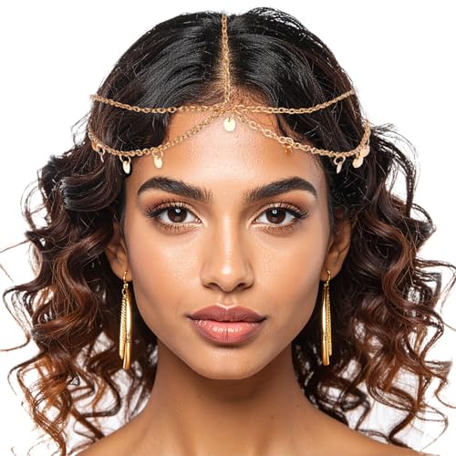 Kopfkette Gold Damen Kopfschmuck mit Pailletten Boho Quaste Haarkette Festival Schmuck Hochzeit Braut Haarschmuck Goldene Kopfbedeckung für Frauen und Mädchen von Xinjoduz