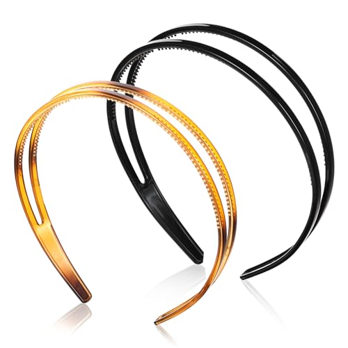 2 Stück Hartplastik Stirnband Haarreif Zweireihig Stirnbänder mit Zähnen Anti-Rutsch Haarreifen Dünn Haarband Zubehör Kopfbedeckung für Frauen Mädchen Tägliches (Schildpatt Schwarz) von Xinjoduz