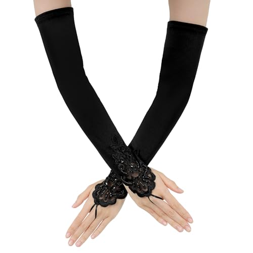 Schwarze Lange Handschuhe Damen - Opernhandschuhe Mit Spitze, Tanzhandschuhe Mit Pailletten, Elegant Satin Braut Fingerlose 1920s Für Party, Ausgefallene Halloween von Xinjoduz