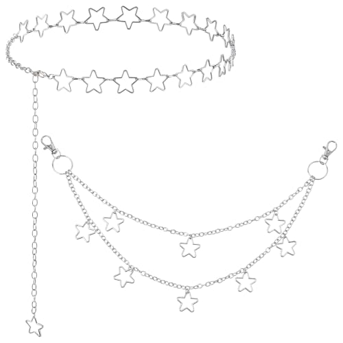 Gürtel Damen Silber 2 Stück Sternen Kettengürtel Gürtelkette Doppelschicht Hosenkette Verstellbare Taillenkettengürtel Niedliche Gürtel Metall Sterne Geldbörsenkette Jeans Ketten für Männer Frauen von Xinjoduz