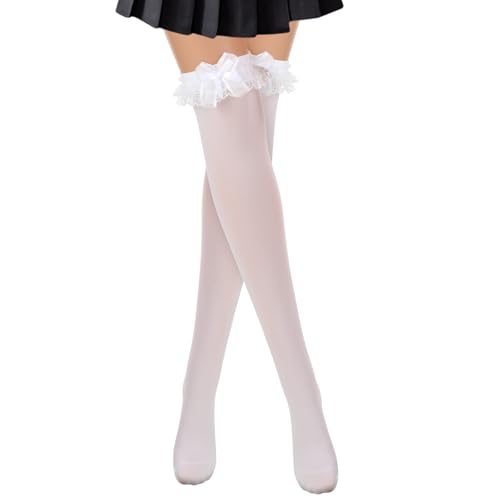 Xinjoduz 2 Stück Kniestrümpfe Damen Weiß Overknee Strümpfe Rüschen Socken Atmungsaktive Lange Schleifenstrümpfe Niedliche Spitze Knielange Strümpfe Weiss Damen von Xinjoduz
