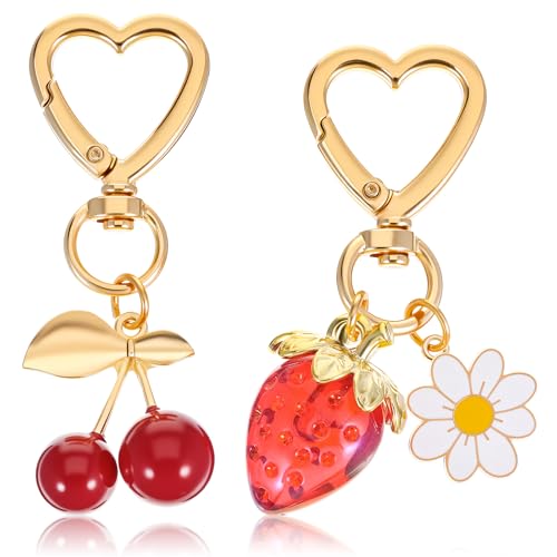 Xinjoduz 2 Stück Schlüsselanhänger Mädchen Süßer Erdbeer Taschenanhänger Aesthetic Gänseblümchen Schlüsselanhänger Telefonanhänger Erdbeere Zubehör Kirsche Geldbörse Anhänger für Damen Geschenk von Xinjoduz