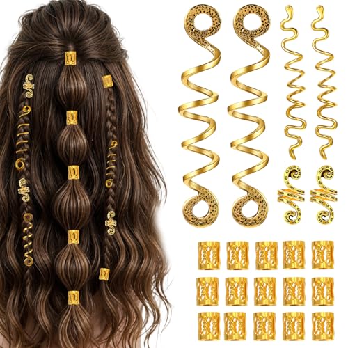Xinjoduz 21 Stück Dreadlocks Schmuck Verstellbar Haarschmuck Gold Haar Accessoire Haarspiralen Goldener Haarringe Haarperlen zum Klipsen Haar Zubehör für Damen Mädchen Zöpfe von Xinjoduz